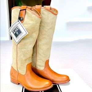 Frye Melissa Button Beige Canvas Leather Boots NWT